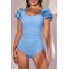 imageEomenie Womens Tummy Control One Piece Swimsuit Ruffle Square Neck Bathing Suit Ruched Cutout Back Slimming SwimwearBaby Blue