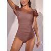 imageEomenie Womens Tummy Control One Piece Swimsuit Ruffle Square Neck Bathing Suit Ruched Cutout Back Slimming SwimwearBean Pink