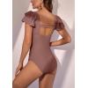 imageEomenie Womens Tummy Control One Piece Swimsuit Ruffle Square Neck Bathing Suit Ruched Cutout Back Slimming SwimwearBean Pink