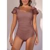 imageEomenie Womens Tummy Control One Piece Swimsuit Ruffle Square Neck Bathing Suit Ruched Cutout Back Slimming SwimwearBean Pink