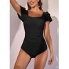 imageEomenie Womens Tummy Control One Piece Swimsuit Ruffle Square Neck Bathing Suit Ruched Cutout Back Slimming SwimwearBlack