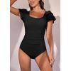 imageEomenie Womens Tummy Control One Piece Swimsuit Ruffle Square Neck Bathing Suit Ruched Cutout Back Slimming SwimwearBlack