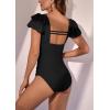 imageEomenie Womens Tummy Control One Piece Swimsuit Ruffle Square Neck Bathing Suit Ruched Cutout Back Slimming SwimwearBlack