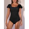 imageEomenie Womens Tummy Control One Piece Swimsuit Ruffle Square Neck Bathing Suit Ruched Cutout Back Slimming SwimwearBlack