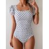 imageEomenie Womens Tummy Control One Piece Swimsuit Ruffle Square Neck Bathing Suit Ruched Cutout Back Slimming SwimwearBlack Polka Dots