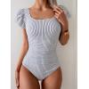 imageEomenie Womens Tummy Control One Piece Swimsuit Ruffle Square Neck Bathing Suit Ruched Cutout Back Slimming SwimwearBlack White Stripe
