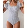 imageEomenie Womens Tummy Control One Piece Swimsuit Ruffle Square Neck Bathing Suit Ruched Cutout Back Slimming SwimwearBlack White Stripe