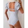 imageEomenie Womens Tummy Control One Piece Swimsuit Ruffle Square Neck Bathing Suit Ruched Cutout Back Slimming SwimwearBlack White Stripe