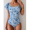 imageEomenie Womens Tummy Control One Piece Swimsuit Ruffle Square Neck Bathing Suit Ruched Cutout Back Slimming SwimwearBlue Floral