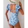 imageEomenie Womens Tummy Control One Piece Swimsuit Ruffle Square Neck Bathing Suit Ruched Cutout Back Slimming SwimwearBlue Floral