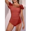 imageEomenie Womens Tummy Control One Piece Swimsuit Ruffle Square Neck Bathing Suit Ruched Cutout Back Slimming SwimwearBrick Red