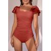 imageEomenie Womens Tummy Control One Piece Swimsuit Ruffle Square Neck Bathing Suit Ruched Cutout Back Slimming SwimwearBrick Red