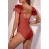 imageEomenie Womens Tummy Control One Piece Swimsuit Ruffle Square Neck Bathing Suit Ruched Cutout Back Slimming SwimwearBrick Red