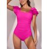 imageEomenie Womens Tummy Control One Piece Swimsuit Ruffle Square Neck Bathing Suit Ruched Cutout Back Slimming SwimwearHot Pink