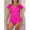 imageEomenie Womens Tummy Control One Piece Swimsuit Ruffle Square Neck Bathing Suit Ruched Cutout Back Slimming SwimwearHot Pink