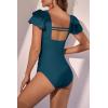 imageEomenie Womens Tummy Control One Piece Swimsuit Ruffle Square Neck Bathing Suit Ruched Cutout Back Slimming SwimwearLake Blue