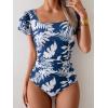 imageEomenie Womens Tummy Control One Piece Swimsuit Ruffle Square Neck Bathing Suit Ruched Cutout Back Slimming SwimwearNavy Blue Print