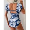 imageEomenie Womens Tummy Control One Piece Swimsuit Ruffle Square Neck Bathing Suit Ruched Cutout Back Slimming SwimwearNavy Blue Print