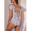 imageEomenie Womens Tummy Control One Piece Swimsuit Ruffle Square Neck Bathing Suit Ruched Cutout Back Slimming SwimwearOrange Print