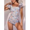 imageEomenie Womens Tummy Control One Piece Swimsuit Ruffle Square Neck Bathing Suit Ruched Cutout Back Slimming SwimwearOrange Print