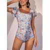 imageEomenie Womens Tummy Control One Piece Swimsuit Ruffle Square Neck Bathing Suit Ruched Cutout Back Slimming SwimwearOrange Print