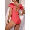 imageEomenie Womens Tummy Control One Piece Swimsuit Ruffle Square Neck Bathing Suit Ruched Cutout Back Slimming SwimwearPeach Red