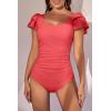 imageEomenie Womens Tummy Control One Piece Swimsuit Ruffle Square Neck Bathing Suit Ruched Cutout Back Slimming SwimwearPeach Red