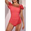 imageEomenie Womens Tummy Control One Piece Swimsuit Ruffle Square Neck Bathing Suit Ruched Cutout Back Slimming SwimwearPeach Red