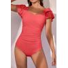 imageEomenie Womens Tummy Control One Piece Swimsuit Ruffle Square Neck Bathing Suit Ruched Cutout Back Slimming SwimwearPeach Red