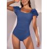 imageEomenie Womens Tummy Control One Piece Swimsuit Ruffle Square Neck Bathing Suit Ruched Cutout Back Slimming SwimwearPeacock Blue