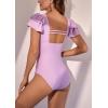 imageEomenie Womens Tummy Control One Piece Swimsuit Ruffle Square Neck Bathing Suit Ruched Cutout Back Slimming SwimwearPurple