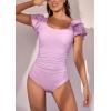 imageEomenie Womens Tummy Control One Piece Swimsuit Ruffle Square Neck Bathing Suit Ruched Cutout Back Slimming SwimwearPurple
