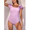 imageEomenie Womens Tummy Control One Piece Swimsuit Ruffle Square Neck Bathing Suit Ruched Cutout Back Slimming SwimwearPurple