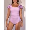 imageEomenie Womens Tummy Control One Piece Swimsuit Ruffle Square Neck Bathing Suit Ruched Cutout Back Slimming SwimwearPurple