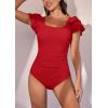 imageEomenie Womens Tummy Control One Piece Swimsuit Ruffle Square Neck Bathing Suit Ruched Cutout Back Slimming SwimwearRed