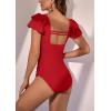 imageEomenie Womens Tummy Control One Piece Swimsuit Ruffle Square Neck Bathing Suit Ruched Cutout Back Slimming SwimwearRed