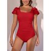 imageEomenie Womens Tummy Control One Piece Swimsuit Ruffle Square Neck Bathing Suit Ruched Cutout Back Slimming SwimwearRed