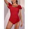 imageEomenie Womens Tummy Control One Piece Swimsuit Ruffle Square Neck Bathing Suit Ruched Cutout Back Slimming SwimwearRed