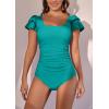 imageEomenie Womens Tummy Control One Piece Swimsuit Ruffle Square Neck Bathing Suit Ruched Cutout Back Slimming SwimwearTeal