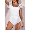 imageEomenie Womens Tummy Control One Piece Swimsuit Ruffle Square Neck Bathing Suit Ruched Cutout Back Slimming SwimwearWhite