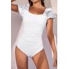 imageEomenie Womens Tummy Control One Piece Swimsuit Ruffle Square Neck Bathing Suit Ruched Cutout Back Slimming SwimwearWhite