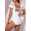 imageEomenie Womens Tummy Control One Piece Swimsuit Ruffle Square Neck Bathing Suit Ruched Cutout Back Slimming SwimwearWhite