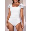 imageEomenie Womens Tummy Control One Piece Swimsuit Ruffle Square Neck Bathing Suit Ruched Cutout Back Slimming SwimwearWhite