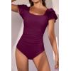 imageEomenie Womens Tummy Control One Piece Swimsuit Ruffle Square Neck Bathing Suit Ruched Cutout Back Slimming SwimwearWine Red