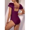 imageEomenie Womens Tummy Control One Piece Swimsuit Ruffle Square Neck Bathing Suit Ruched Cutout Back Slimming SwimwearWine Red