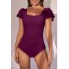 imageEomenie Womens Tummy Control One Piece Swimsuit Ruffle Square Neck Bathing Suit Ruched Cutout Back Slimming SwimwearWine Red