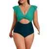 imageEomenie Womens Plus Size One Piece Swimsuits Tummy Control V Neck Cutout Bathing Suit Twist Front Ruffle SwimwearColor Block09
