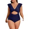 imageEomenie Womens Plus Size One Piece Swimsuits Tummy Control V Neck Cutout Bathing Suit Twist Front Ruffle SwimwearNavy Blue