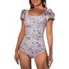 imageEomenie Womens Tummy Control One Piece Swimsuit Ruffle Square Neck Bathing Suit Ruched Cutout Back Slimming SwimwearOrange Print