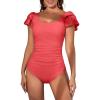 imageEomenie Womens Tummy Control One Piece Swimsuit Ruffle Square Neck Bathing Suit Ruched Cutout Back Slimming SwimwearPeach Red